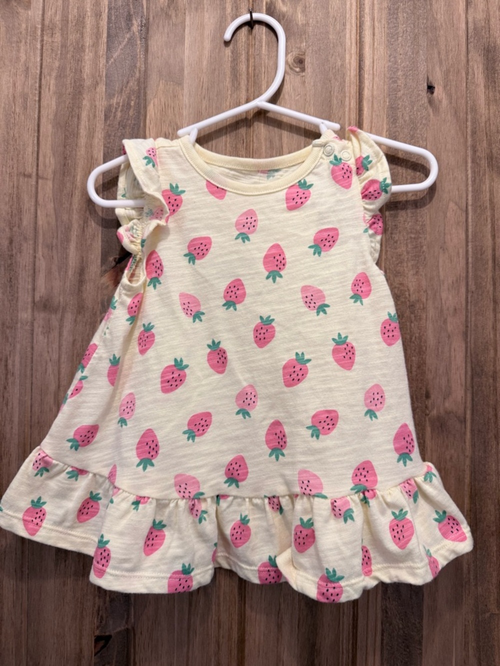 Cream Pink Strawberry Print Ruffle Hem Girls' Casual Dress